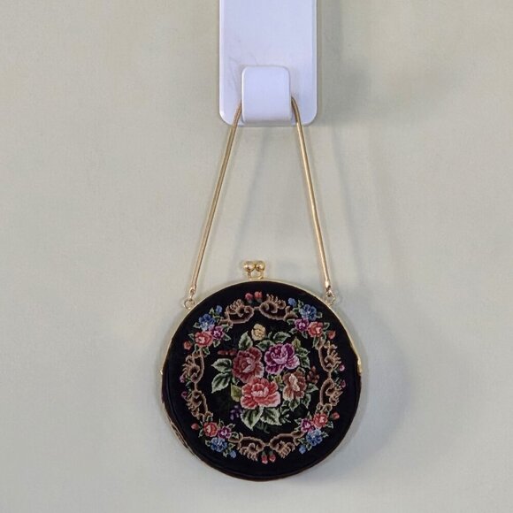 Vintage Floral Petit Point Purse Round Needlepoint Tapestry Evening Bag Clutch - Picture 15 of 16